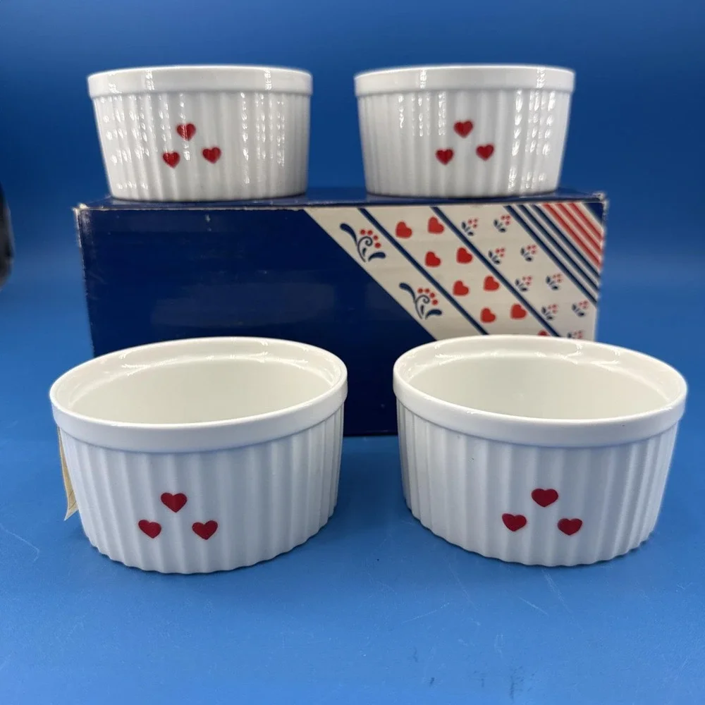 Copco Country Porcelain Ramekins Set of 4 Vintage Bowls Hearts Cottagecore